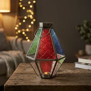 Artisan Design Handmade Tapered Glass Lantern with Embossed <b>Red</b>/Green/Blue Panels <b>Candle</b> Holder for Home Decoration - Product Image 2