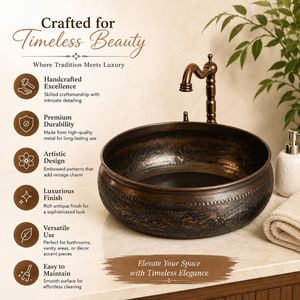 Premium quality Handcrafted Antique Copper Vessel Wash <b>Basin</b> <b>Round</b> Embossed Bathroom Sink Luxury Countertop Artisan Copper <b>Basin</b> - Product Image 5