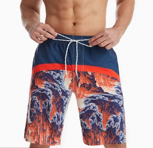 Men's Geometric Print <b>Board</b> Shorts Mid Waist Drawstring Quick Dry Casual Swimwear Polyester Cotton Blend High Quality Short - Product Image 2