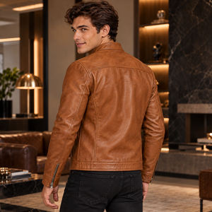 <b>Men</b>’s Camel Brown <b>Genuine</b> <b>Leather</b> Moto <b>Jacket</b>, Full Zip Front, Stand-Up Collar, Zipper Chest Pockets, OEM Manufacturer - Product Image 3