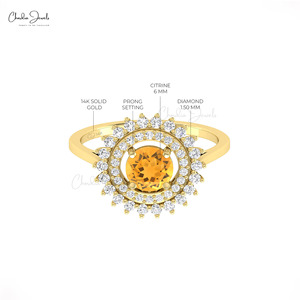 Hallmarked 14k Solid <b>Gold</b> Natural 6mm Round Cut Citrine & Diamond Double Halo <b>Ring</b> Wholesale Wedding Jewelry Supplier from India - Product Image 5