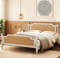 Cadre de lit pliable moderne en teck massif avec tête et pied de lit en rotin, couleur naturelle, meubles de chambre à coucher