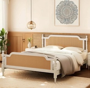 Traditional Solid Wood <b>Bed</b> <b>Frame</b> with <b>Rattan</b> Headboard and Footboard Natural Color Bedroom Furniture - Product Image 4