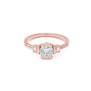 Bague de fiançailles en or massif 18 carats avec moissanite, sertie demi-cerclée, solitaire, diamant de laboratoire rond et baguette, trois pierres, style minimaliste, pour mariée - Product Image 2