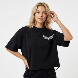 T-shirt court noir oversize avec logo R ailé imprimé sur le devant, manches courtes, col rond, style streetwear pour homme, jersey en coton - Product Image 4