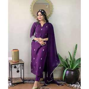 VESTIDO DE TRABAJO BORDADO RAYON SLUB DE DISEÑADOR CON DUPATTA VIOLETA - Product Image 1