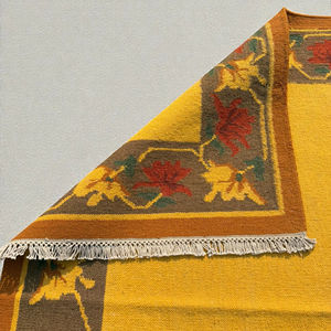 Alfombra Kilim de Lana Hecha a Mano, Color Amarillo, Borde Abstracto, Tejido Plano, Ecológica, Apta para Mascotas, Alfombra Tradicional para Sala de Estar - Product Image 4