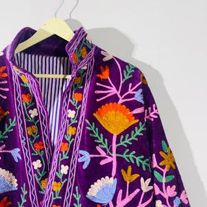 Hand Embroidered Suzani Velvet <b>Jacket</b> 100% Cotton Reversible Eco-Friendly Breathable Quick-Dry Summer/Winter V-Neck <b>Short</b> Floral - Product Image 2