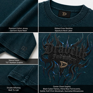 Men’s Oversized Y2K Graphic Tee, Deep Teal Heavyweight Cotton Gothic <b>Flame</b> Streetwear T-<b>Shirt</b> Puff Print with Foil Detail - Product Image 6