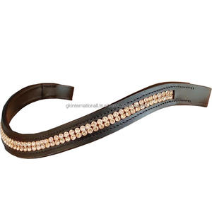 Diadema para caballo de cuero genuino negro y havana con canal vacío y dos filas de cristales dorados brillantes incrustados, estilo diamante. - Product Image 5