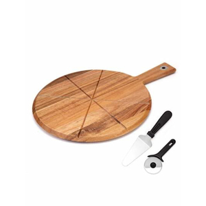 Pala para Pizza y Tabla de Servir Redonda de Madera de Acacia Hecha a Mano con Asa para Hornear y Cortar, Accesorios de Cocina - Product Image 3