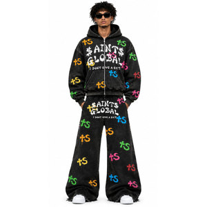 Conjunto Deportivo Urbano a Precio Razonable, Sudadera con Cremallera Completa y Pantalones Anchos con Estampado de Letras, Corte Holgado, Ropa de Otoño - Product Image 2