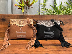 Hand Tooled Suede Leather <b>Boot</b> Stitch <b>Fringe</b> Crossbody Bag for Women's Western Genuine Leather Handbag Bohemian Cowhide Purse - Product Image 3