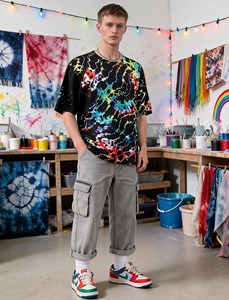 เสื้อยืดไทไดไดนามิกสำหรับผู้ชาย แขนสั้น ลายสาดสี ทรงหลวม สไตล์ทันสมัย เสื้อยืดไทไดแฟชั่น - Product Image 2
