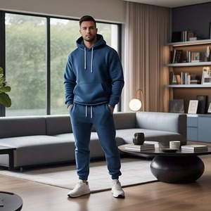 Men's Blue Hooded <b>Tracksuit</b> Full Sleeve Solid Color Cotton Sweatshirt And Pants Set Breathable Casual Autumn Wear - Product Image 4