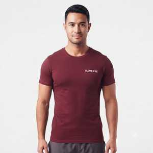 T-shirt de sport ajusté en coton à manches courtes pour homme, personnalisable, imprimé, tendance, couleur vin, vente en gros - Product Image 5