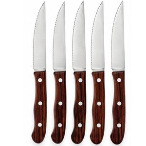 Juego de 5 cuchillos para carne con mango de madera marrón, hojas dentadas plateadas y tres remaches, para mesa de comedor y restaurante - Product Image 1