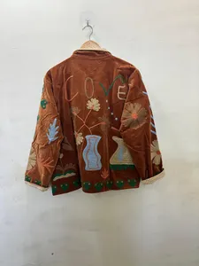Handmade Bohemian Velvet Winter <b>Quilted</b> <b>Jacket</b> with Hand Embroidery Floral <b>Pattern</b> Lightweight Cotton Shell Open Stitch Closure - Product Image 5