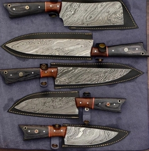Ensemble de couteaux de cuisine en acier Damas fait main, 5 pièces, avec étui en cuir véritable, comprenant un couteau de chef, un couteau à découper, un couteau à pain, un couteau à steak, un couteau à fruits - Product Image 2