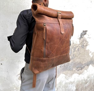 Authentic Genuine Leather <b>Roll</b> Top <b>Backpack</b> Premium Cowhide Rucksack Wholesale Price Fashion Travel Bag Men LRTB-0134B - Product Image 6
