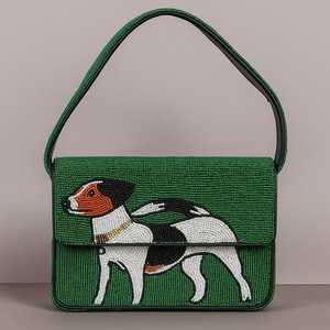 Handmade Embroidered Canvas <b>Handbag</b> Rectangular Shape Animal Theme Dog Pattern Green Color - Product Image 2