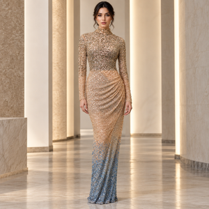 Radiant Champagne Gold to Blue Sequin Evening Gown | <b>High</b> Neck Long Sleeve Bodycon Floor Length <b>Dresses</b> <b>with</b> Draped Ruched <b>Waist</b> - Product Image 2