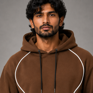 Men's Brown Hooded Tracksuit <b>Set</b> with White Contrast Piping Pullover Hoodie and <b>Jogger</b> Pants for Casual Streetwear - Product Image 3