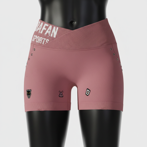 Shorty en tissu extensible doux 230 GSM en poly-spandex rose poudré, taille croisée côtelée, logo personnalisé. - Product Image 1