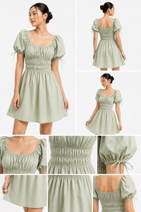 Robe midi d'été en coton vert sauge pour femme, col halter, taille smockée, manches bouffantes, poignets à nouer, style bohème, plage, écologique, respirante - Product Image 6