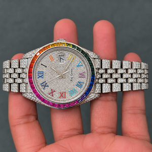 Montre de luxe en quartz Raj Gems, bracelet en acier inoxydable, lunette pavée arc-en-ciel, cadran à chiffres romains, 40 mm, unisexe - Product Image 5