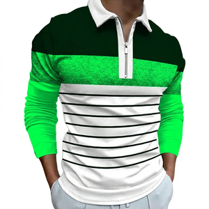 Polo à manches longues en tricot pour homme, à blocs de couleur, rayé, avec fermeture éclair, haut décontracté - Product Image 6