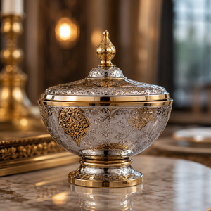 Bol en métal poli fait main avec incrustation dorée, finition argentée, écologique, résistant à la chaleur, durable, pièce maîtresse décorative pour fêtes et mariages - Product Image 1