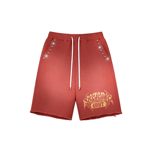 Red Sleeveless Acid Wash T-Shirt <b>Set</b> With Shorts Screen Print Street Style Men's Crew Neck Rhinestone Fashion Athletic Wear - Product Image 3
