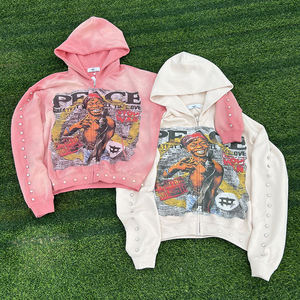 Rhinestone & Pearl Work Graphic Hoodies Custom Printing Zip-up Sweatshirt Hip Hop Style Streetwear Hoodie for <b>Men</b> and Women - Product Image 1