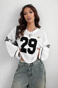 Pull en maille tendance pour femme, design personnalisé avec logo, style chemise en crochet, imprimé à rayures numérotées, coupe oversize, en jersey, vente en gros - Product Image 2