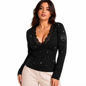 Blusa de mujer con encaje y patchwork, cuello en V, chaqueta de sudadera 100% algodón, manga larga, con pedrería, estilo urbano para invierno y otoño - Product Image 4