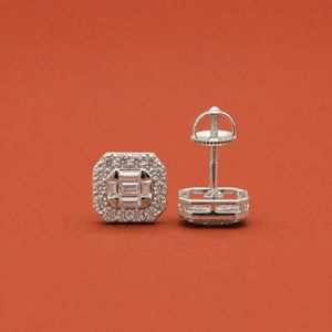 Baguette Round <b>Moissanite</b> Diamond <b>Earring</b> In S925 Octagon Stud Design - Product Image 3