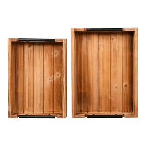 Plateau de service Lot de 2 plateaux en bois de pin de qualité supérieure avec poignées en métal Nourriture Boissons Café Table Stockage Décor Bois Grain Utilisation - Product Image 3