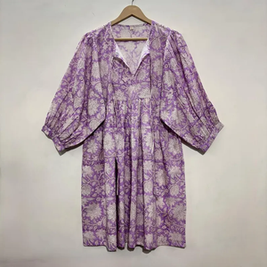 Vestido Midi Informal de Algodón para Mujer con Mangas Abullonadas, Cintura Imperio, Estilo Babydoll, Vestido de Verano, 100% Algodón, Corte Holgado, Cuello en V, Túnica - Product Image 3