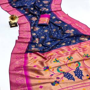 VASTRA COTTAGE Sari de Seda Paithani Suave Premium con Pallu Tejido de Zari Rico, Borde de Zari por Toda la Prenda y Blusa a Juego - Product Image 3