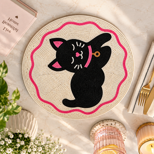 Cat <b>Placemat</b> <b>Round</b> Beaded Table Mat Handmade Glass Bead Dining Decor Reusable Pet Lover Table Protection | Cute Cat Design mats - Product Image 2