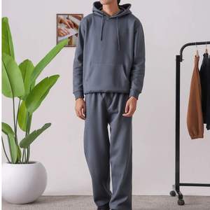Conjunto Deportivo con Capucha para Hombre, Color Gris, 100% Algodón, Corte Holgado, Color Sólido, Ropa Casual con Bolsillos Laterales, Cintura Elástica, Estilo Otoñal - Product Image 1