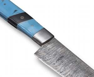 Couteau Santoku de cuisine artisanal en acier Damas avec manche en os turquoise - Product Image 2