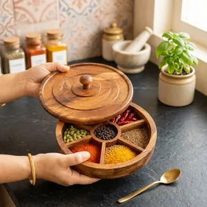 Handcrafted Wooden <b>Spice</b> <b>Box</b> 9 Inch Masala Dabba Rustic Style Kitchen Storage Organizer Traditional <b>Spice</b> Container - Product Image 1