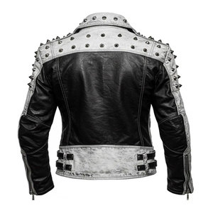 Rhinestones <b>Men's</b> Black Varsity <b>Jacket</b> Genuine Leather Sleeves <b>White</b> Trim Collar Regular Fit Casual Winter Waterproof Reversible - Product Image 2