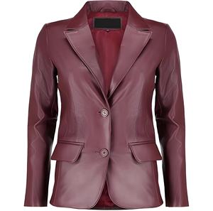 Chaquetas de Mujer al por Mayor de Alta Calidad, Blazer de Cuero Borgoña, Chaqueta Casual de Cuero Genuino OEM para Mujer, Mangas Largas, Logotipo Personalizado - Product Image 1