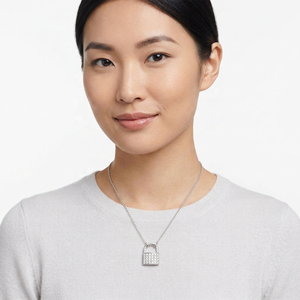 925 Sterling Silver Rhodium Plated Lock Pendant <b>Necklace</b> with Brilliant Cut 5A Zircon Pave Setting Chain Romantic Style Women's - Product Image 2