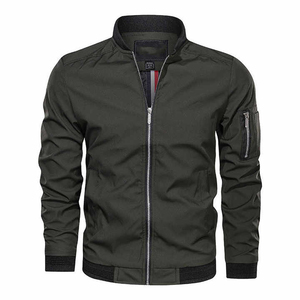 <b>Men's</b> <b>Khaki</b> Bomber Jacket Stand Collar Zipper Front Logo Casual Windproof Slim Fit Autumn Wear - Product Image 3