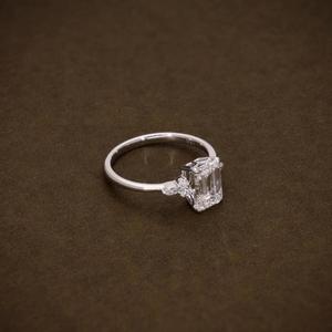 Emerald Cut Diamond <b>Ring</b> Solid White Gold Prong Setting Round Marquise Cluster Side Stone <b>Plain</b> Band Solitaire Engagement <b>Ring</b> - Product Image 3