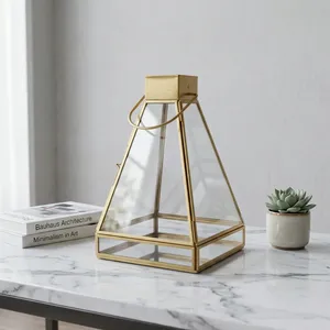 Artisan Design Irregular <b>Brass</b> <b>Lantern</b> with Glass Panels Handmade Home Decoration Candle Holder Tapper Model L118 - Product Image 2